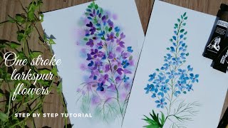 One stroke Larkspur watercolour flowers  Julys birth flower  Delphinium  Step by step tutorial [upl. by Ahsyen]