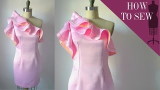 How To Sew A One Shoulder Satin Ruffle Dress [upl. by Ydualc]