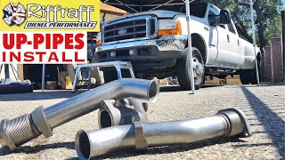 2001 F350 73  RiffRaff UpPipes Install  Stock up pipes leaking and falling apart JUNK SP [upl. by Acillegna]