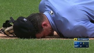 KCDET Umpire hit on the jaw with pitch stays in [upl. by Lacsap880]