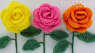 HOW to CROCHET a BEGINNER EASY FLOWER  DIY Rose Rosas Bouquet Flowers Leaf Leaves Stem Tutorial [upl. by Thorbert]