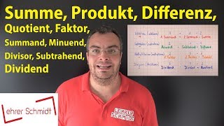 Summand Summe Minuend Subtrahend Differenz Faktor Produkt Dividend Divisor Quotient [upl. by Harihs]