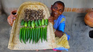 Tribal grandmother cooking her todays lunch with village common vegetables and sobji [upl. by Ruggiero]