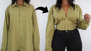 DIY Fitted Waist Top  Men’s Shirt Refashion DIY [upl. by Llemij]